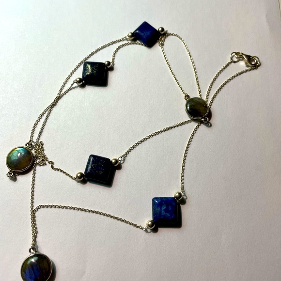 Lapis and Round Labradorite 925 Sterling Silver Station Necklace 36” - Picture 7 of 15